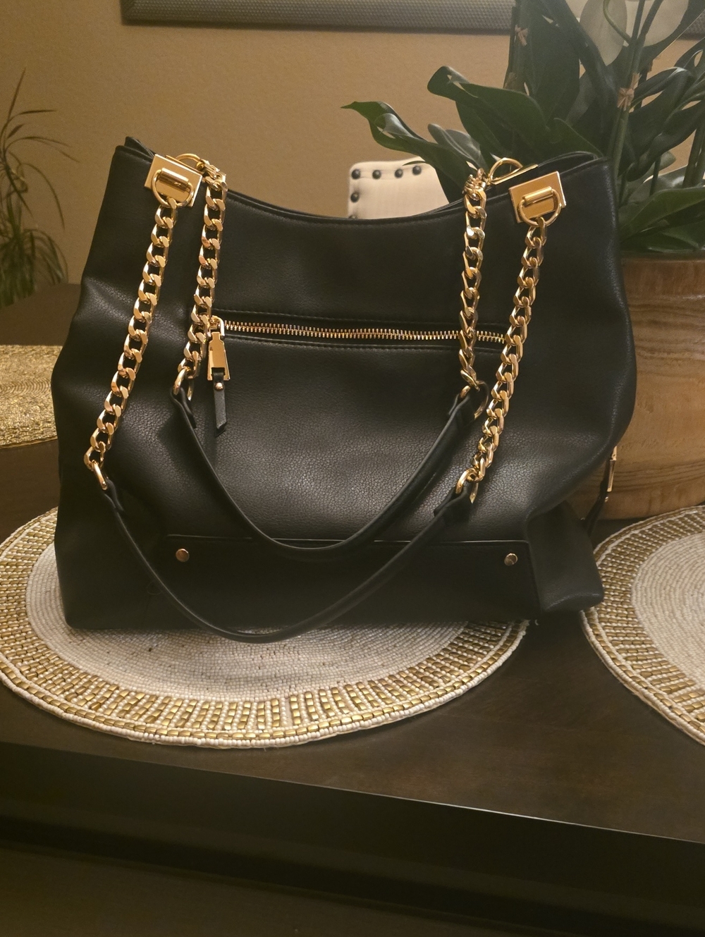 INC International Concepts Black Shoulder Tote with Gold Chain Straps
